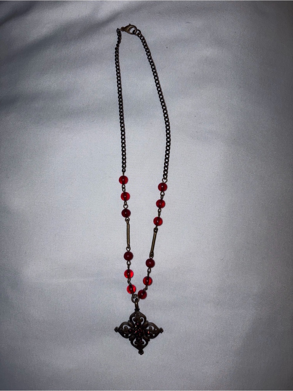 Vintage Style Ornate Filigree Pendant Necklace Red Crystals Bronze-Tone Boho